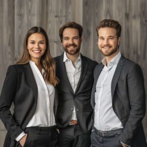 Drei Unternehmer der FlexCo in professioneller Business-Kleidung lächelnd vor einem Holzpaneel-Hintergrund