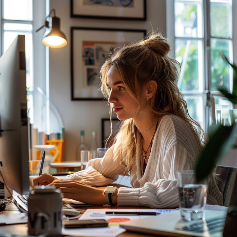 Junge Frau konzentriert arbeitend im Homeoffice mit Computer