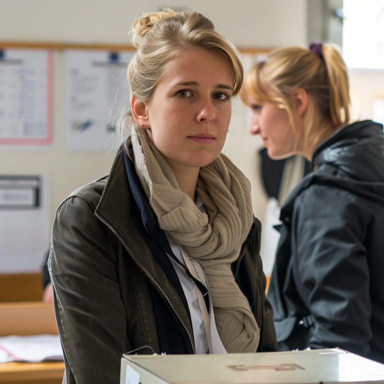 Zwei Frauen in einem Wahllokal, eine im Vordergrund blickt direkt in die Kamera.