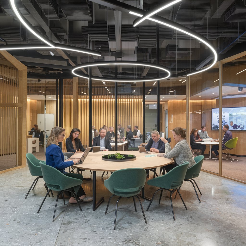 Modernes Bürokonzept mit Mitarbeitern bei einer Besprechung unter stilvoller Beleuchtung